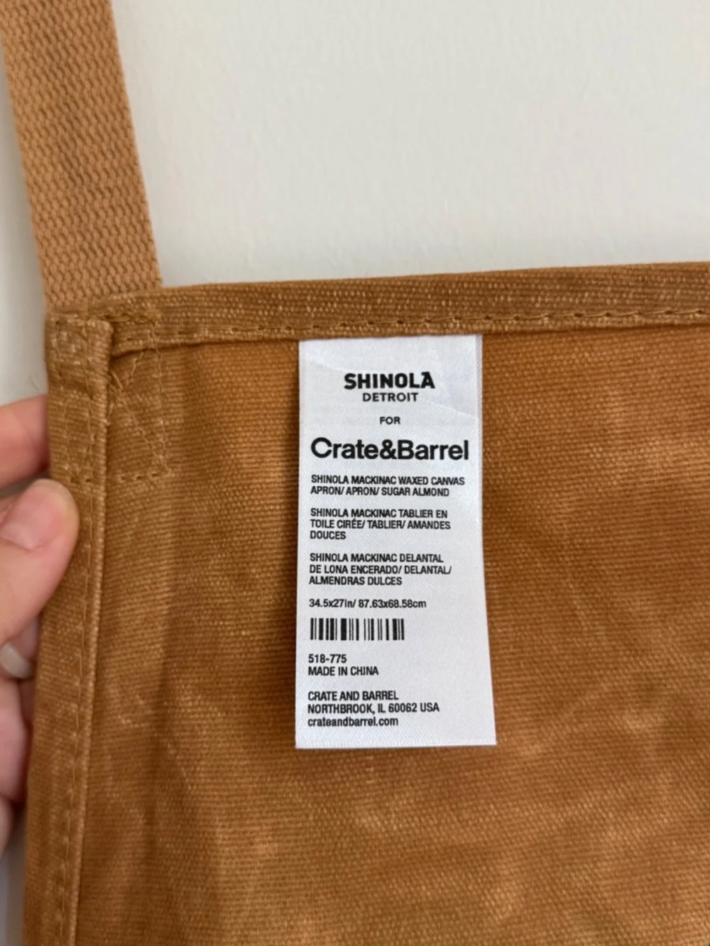 NWT! Crate & Barrel x Shinola Mackinac Waxed Canvas Apron | Tan Leather Trim | S